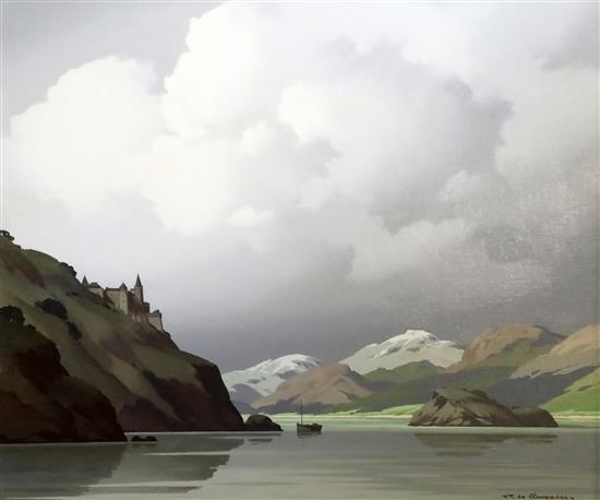 § Pierre de Clausade (1910-1976) Continental landscape with hilltop castle 20.5 x 25in.